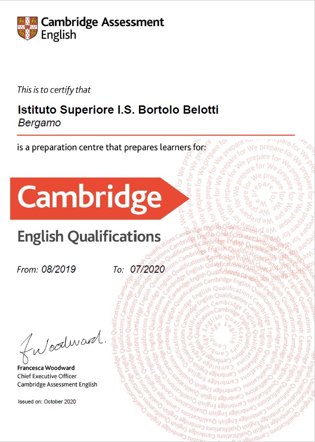 certificato che qualifica l'istituto Belotti quale centro di preparazione per la certificazione Cambridge 